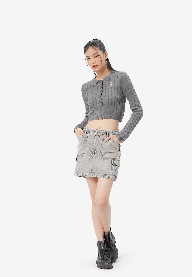 Cable Knit Button Up Top Grey