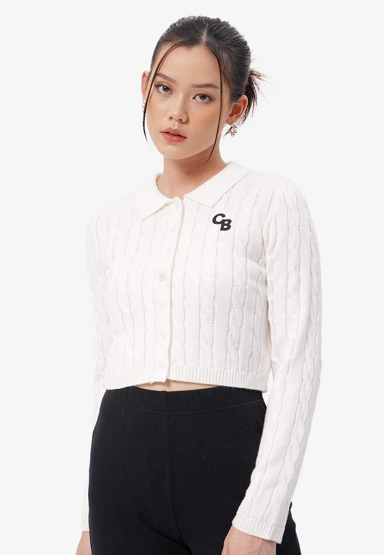 Cable Knit Button Up Top Off White
