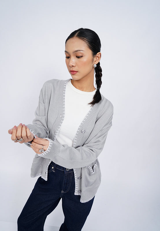 Stitch Details Long Sleeve Loose Cardigan