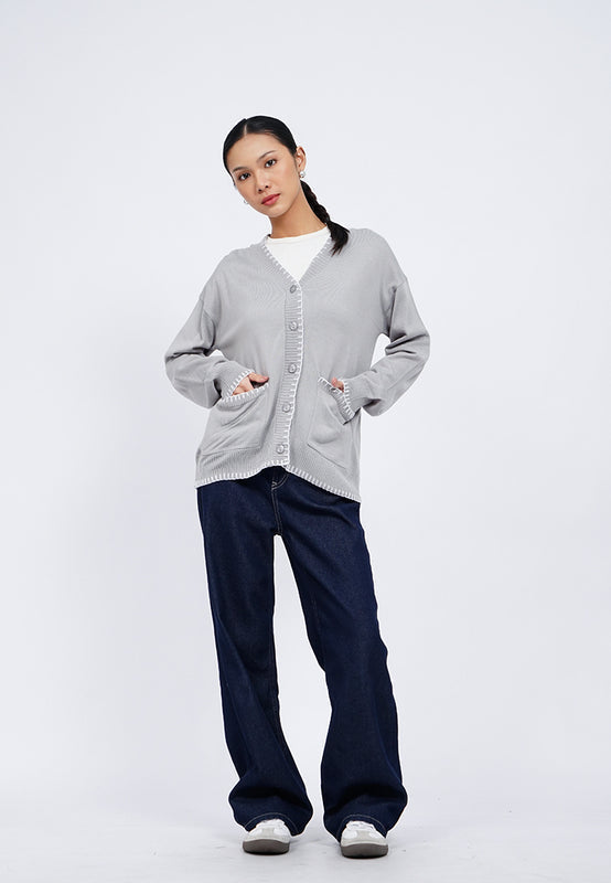 Stitch Details Long Sleeve Loose Cardigan