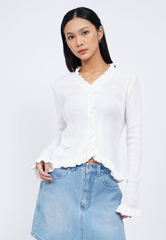 V-Neck Ruffle Knit Cardigan