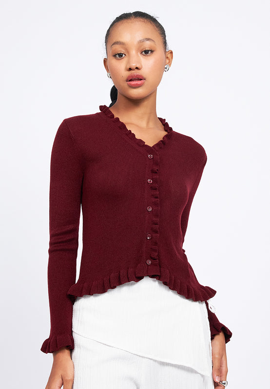V-Neck Ruffle Knit Cardigan