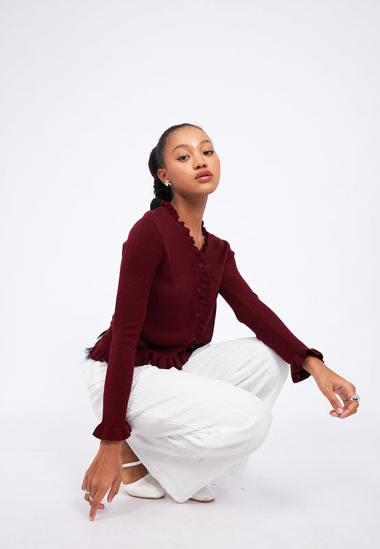 V-Neck Ruffle Knit Cardigan