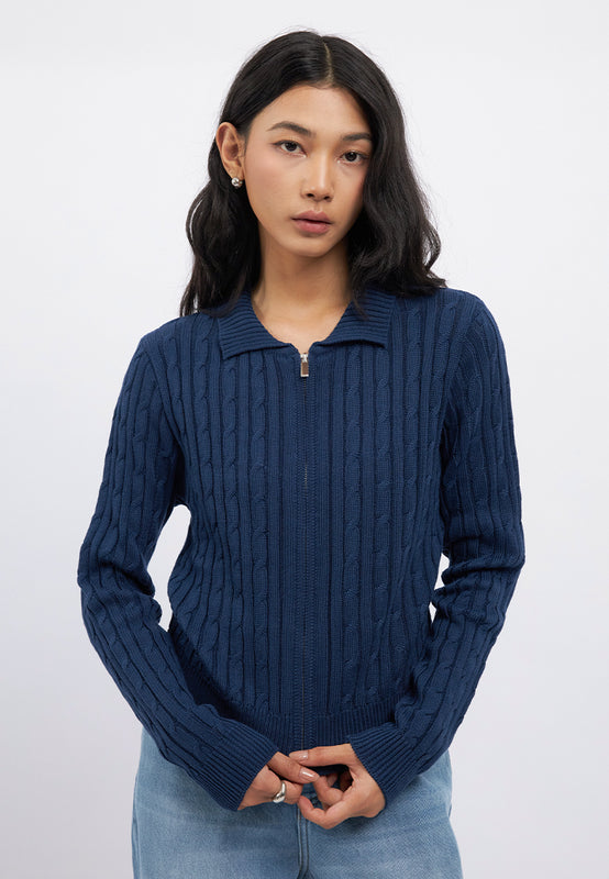 Cable Knit Zipper Up Cardigan