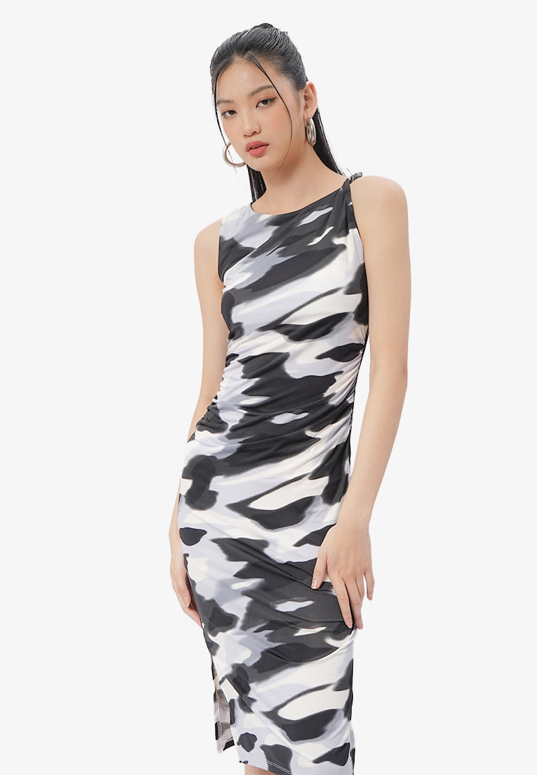 Asymmetric Ruched Printed Dress