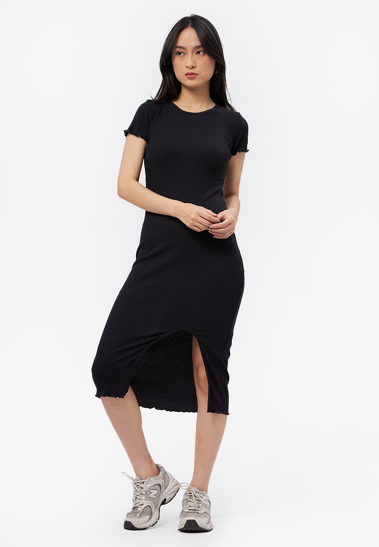 Lettuce Hem Midi Dress with Slit Black