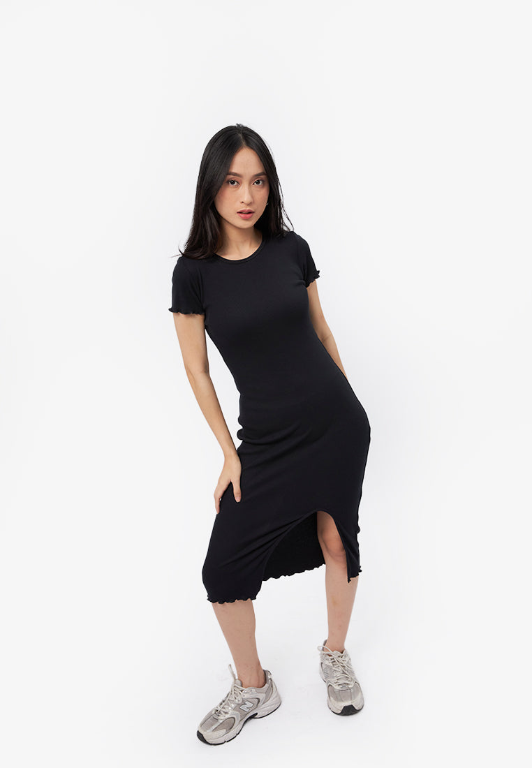 Lettuce Hem Midi Dress with Slit Black