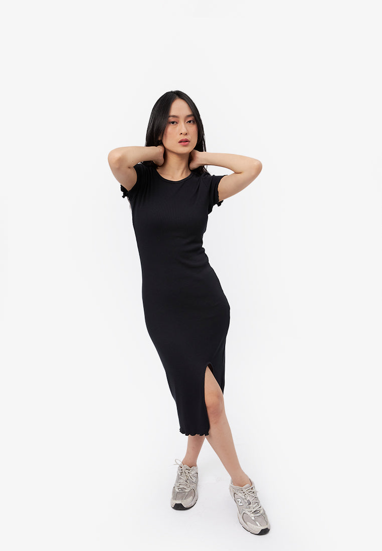 Lettuce Hem Midi Dress with Slit Black
