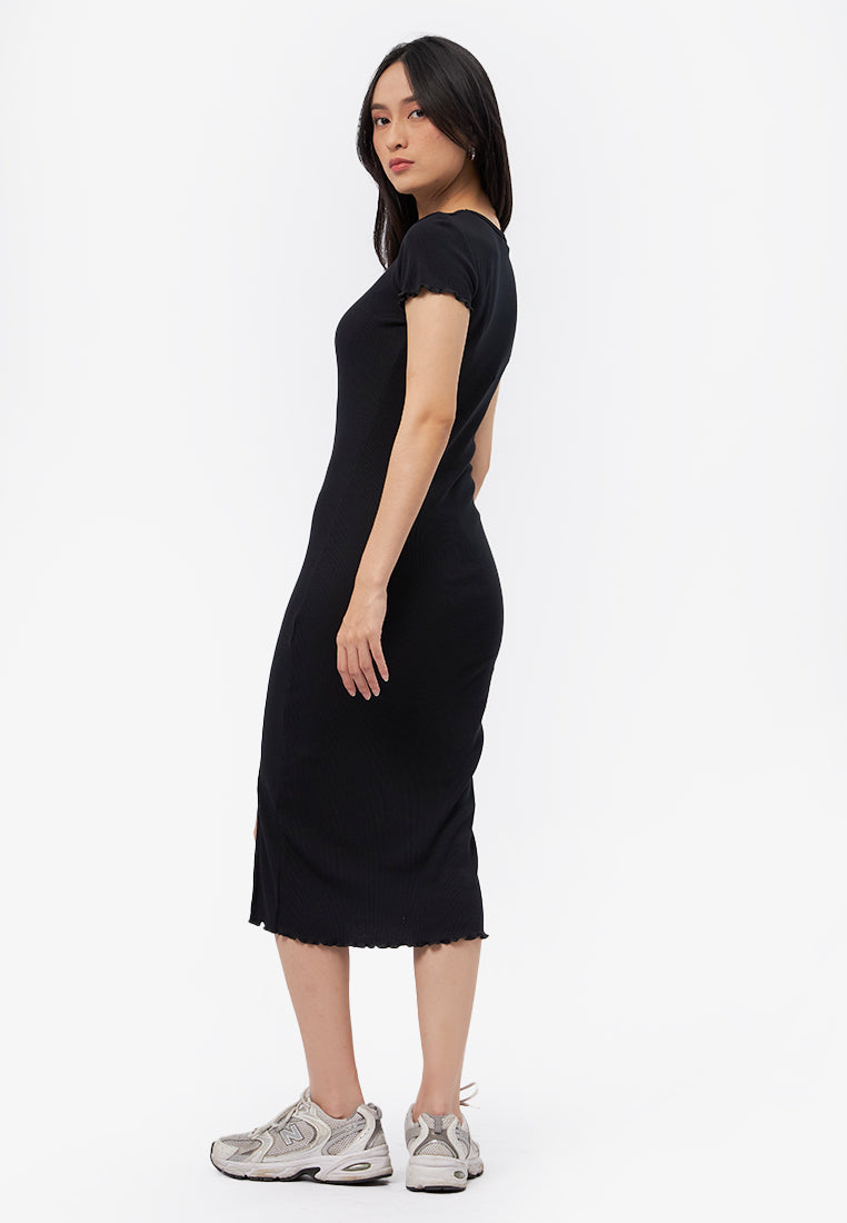 Lettuce Hem Midi Dress with Slit Black