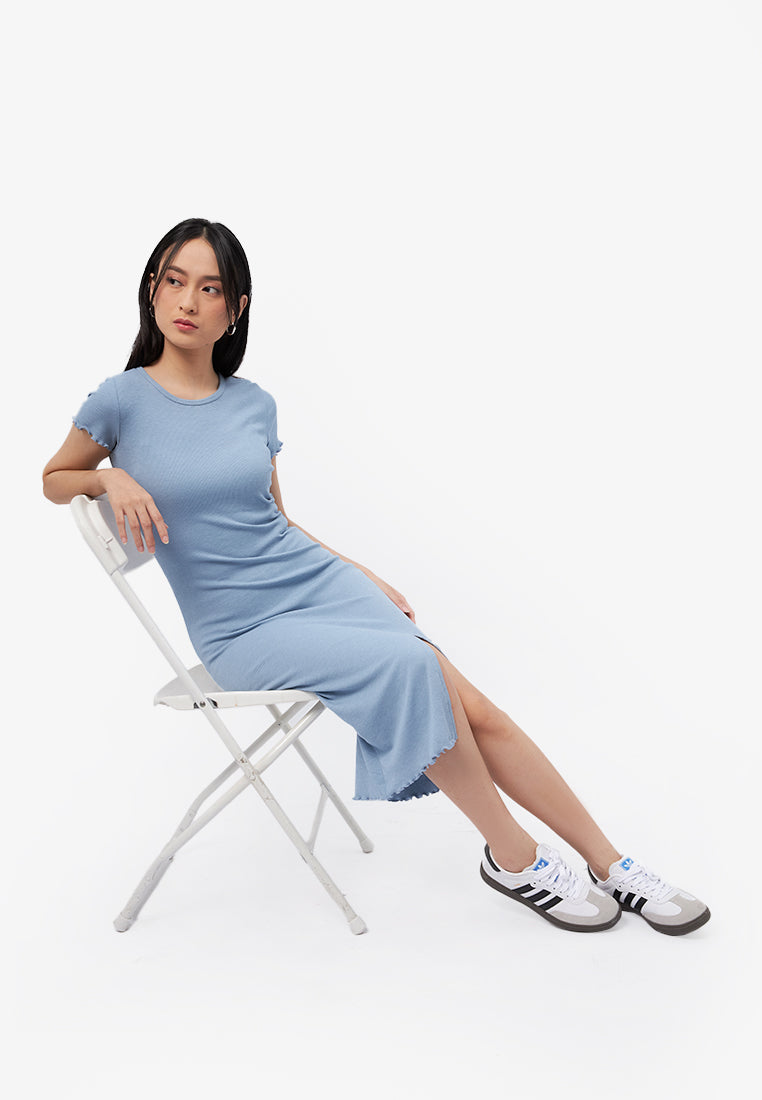 Lettuce Hem Midi Dress with Slit Misty Blue