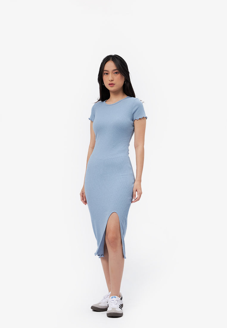 Lettuce Hem Midi Dress with Slit Misty Blue