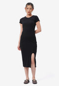 Short Sleeve Midi Dress with Side Slit Black