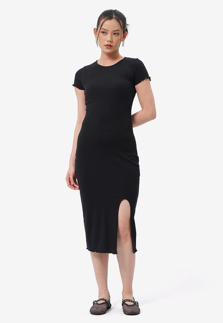 Short Sleeve Midi Dress with Side Slit Black