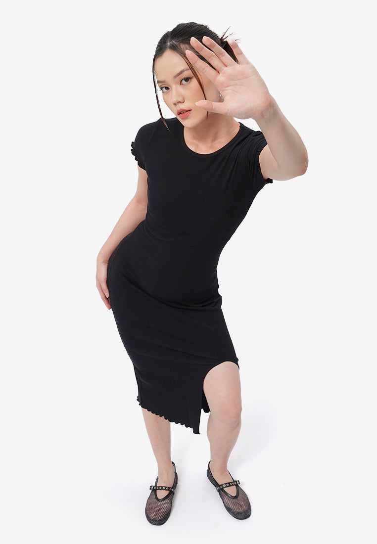 Short Sleeve Midi Dress with Side Slit Black