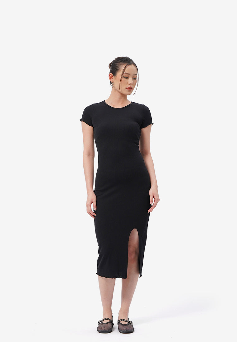 Short Sleeve Midi Dress with Side Slit Black