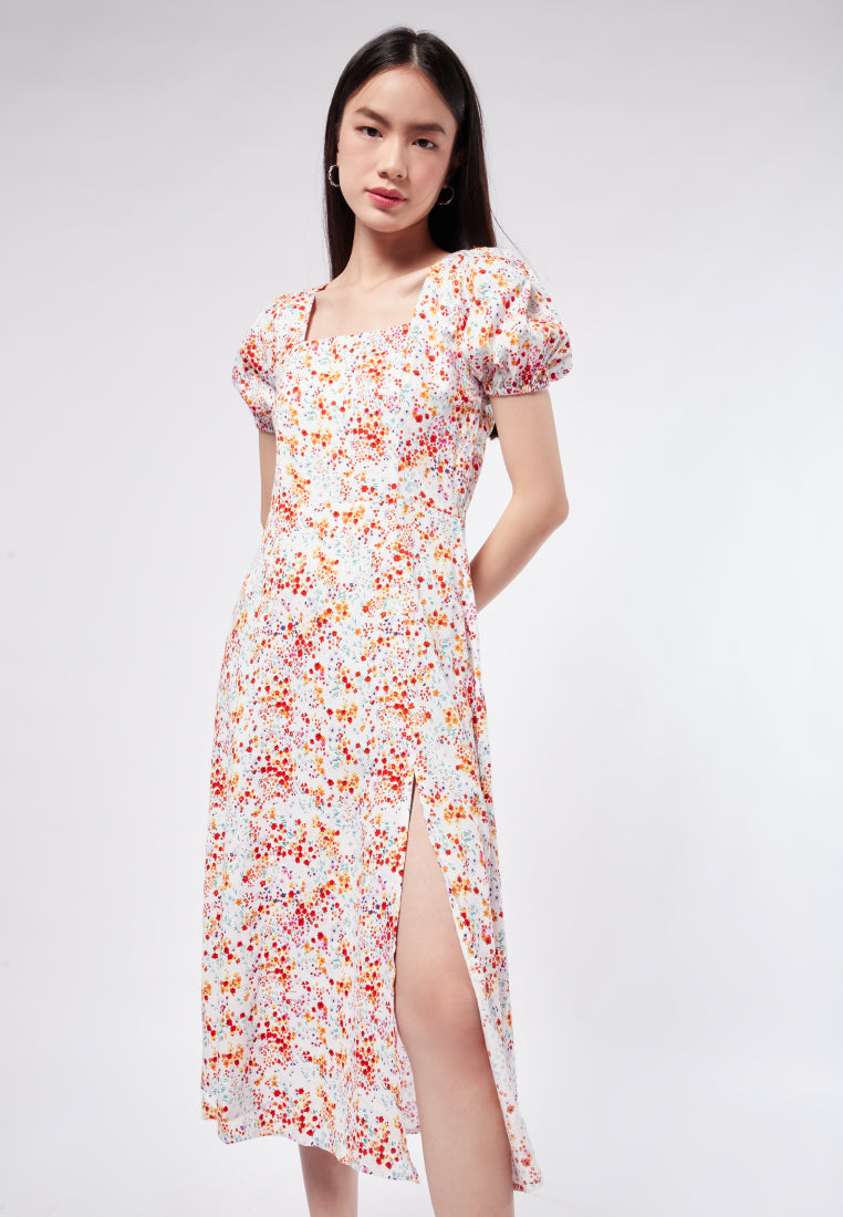 Printed Midi Dress with Front Slit