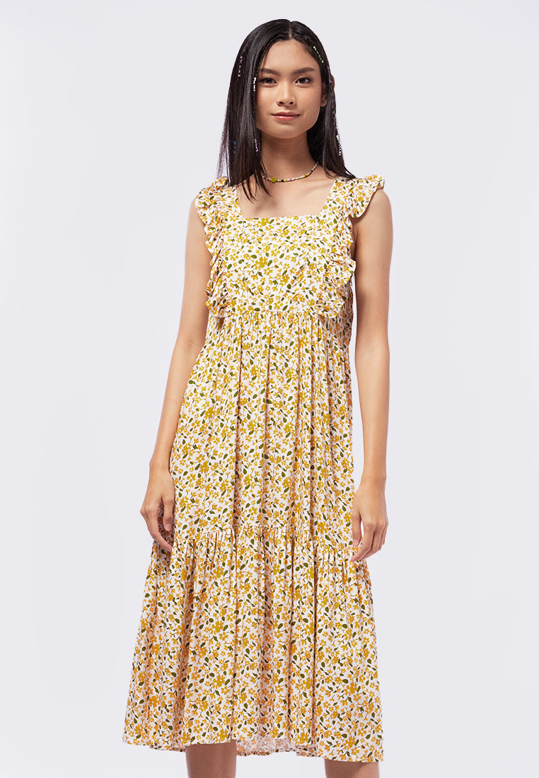 Volume Frill Sleeves Midi Dress