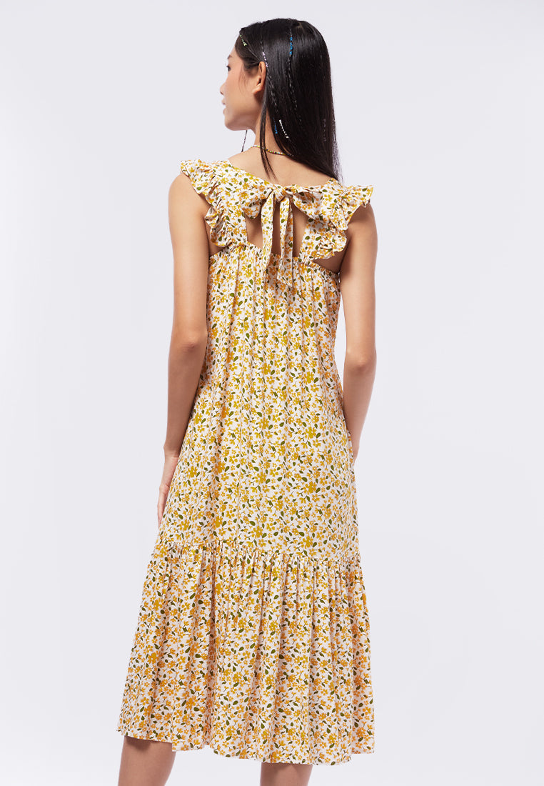 Volume Frill Sleeves Midi Dress