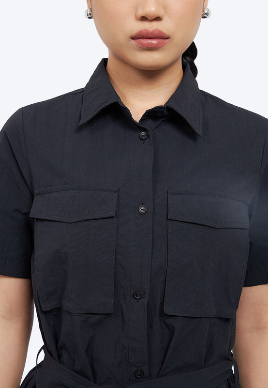 Double Pocket Midi Shirt Dress