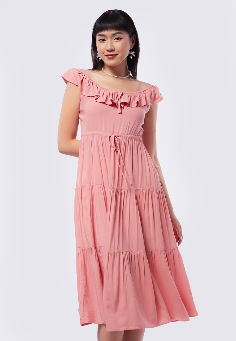 Off Shoulder Frills Midi Dress