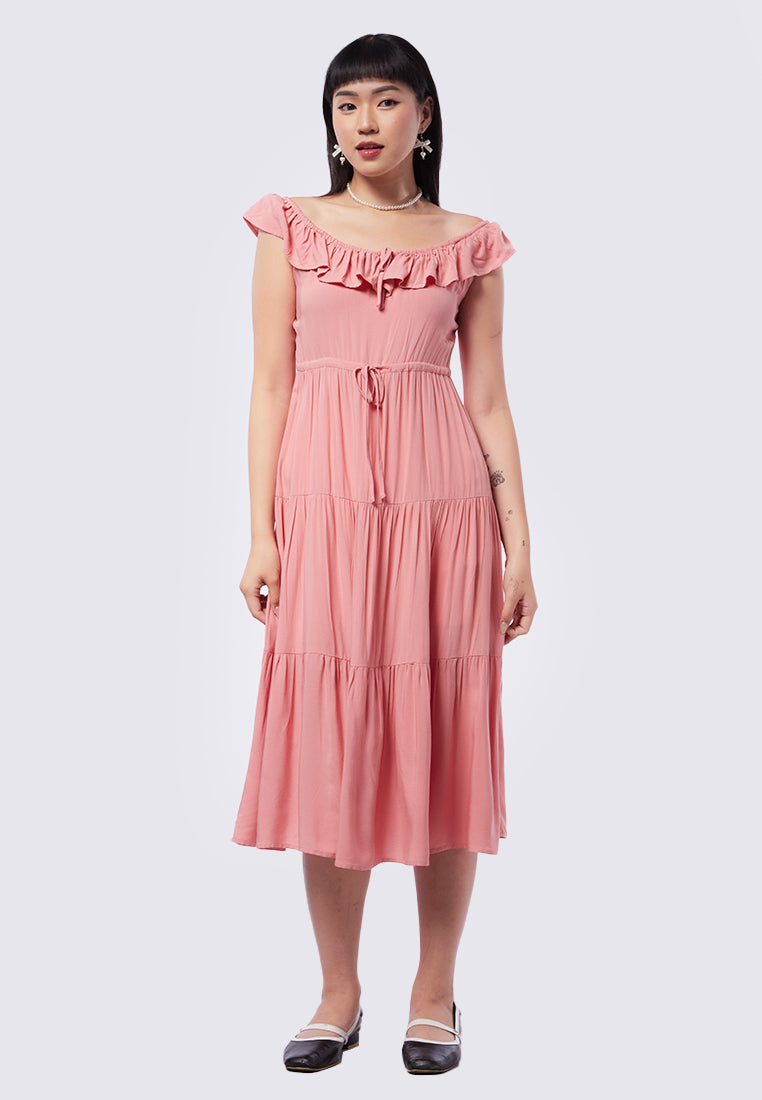 Off Shoulder Frills Midi Dress