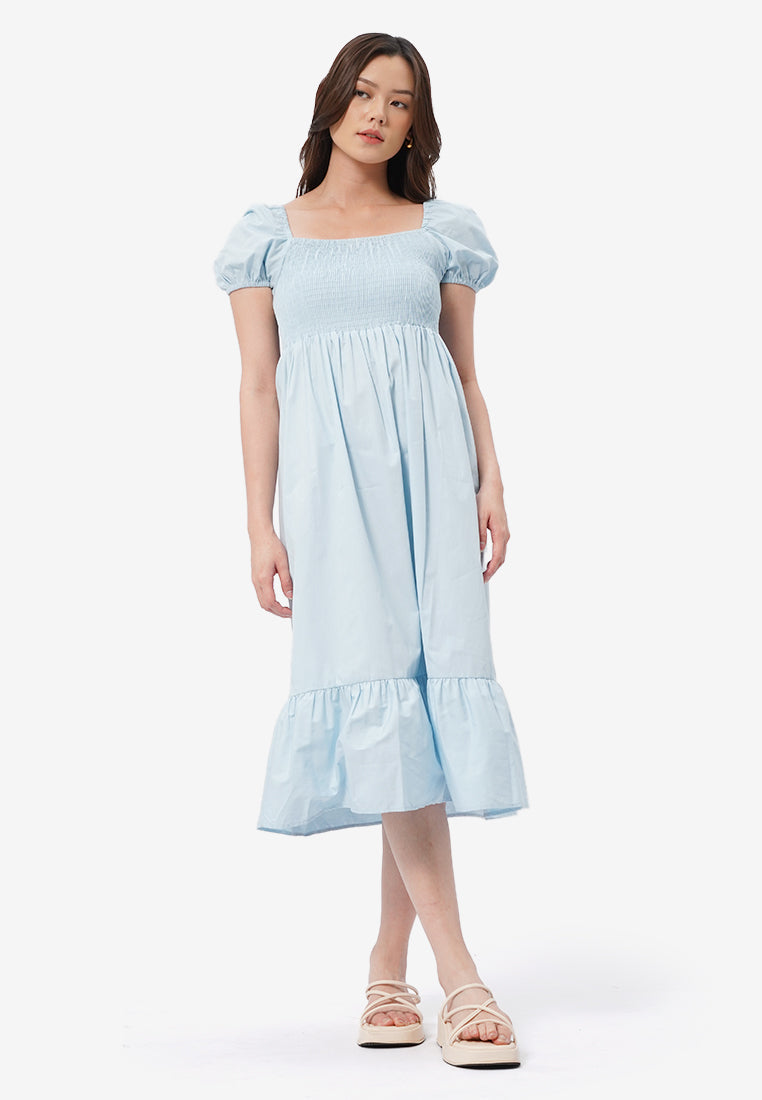 Smocked Detail Puff Sleeves Midi Dress