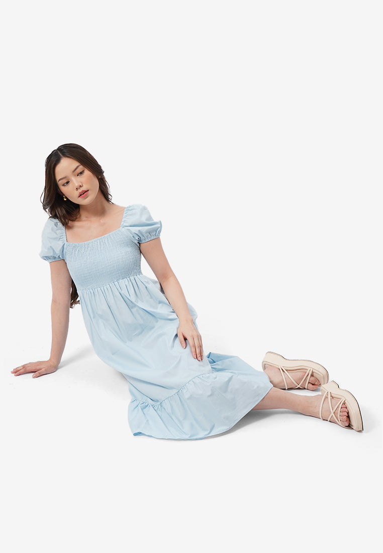 Smocked Detail Puff Sleeves Midi Dress
