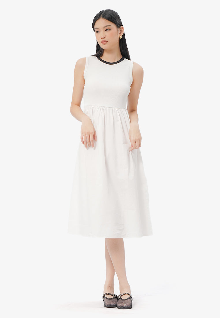 Contrast Sleeveless Midi Dress Off White
