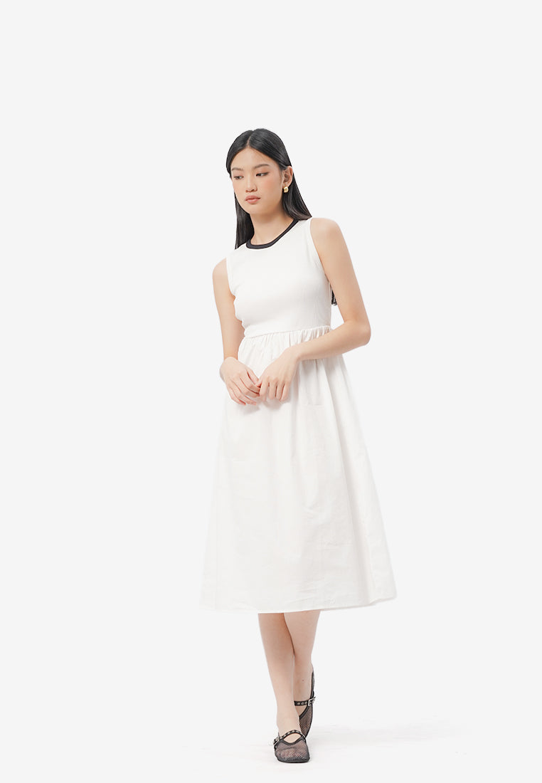Contrast Sleeveless Midi Dress Off White