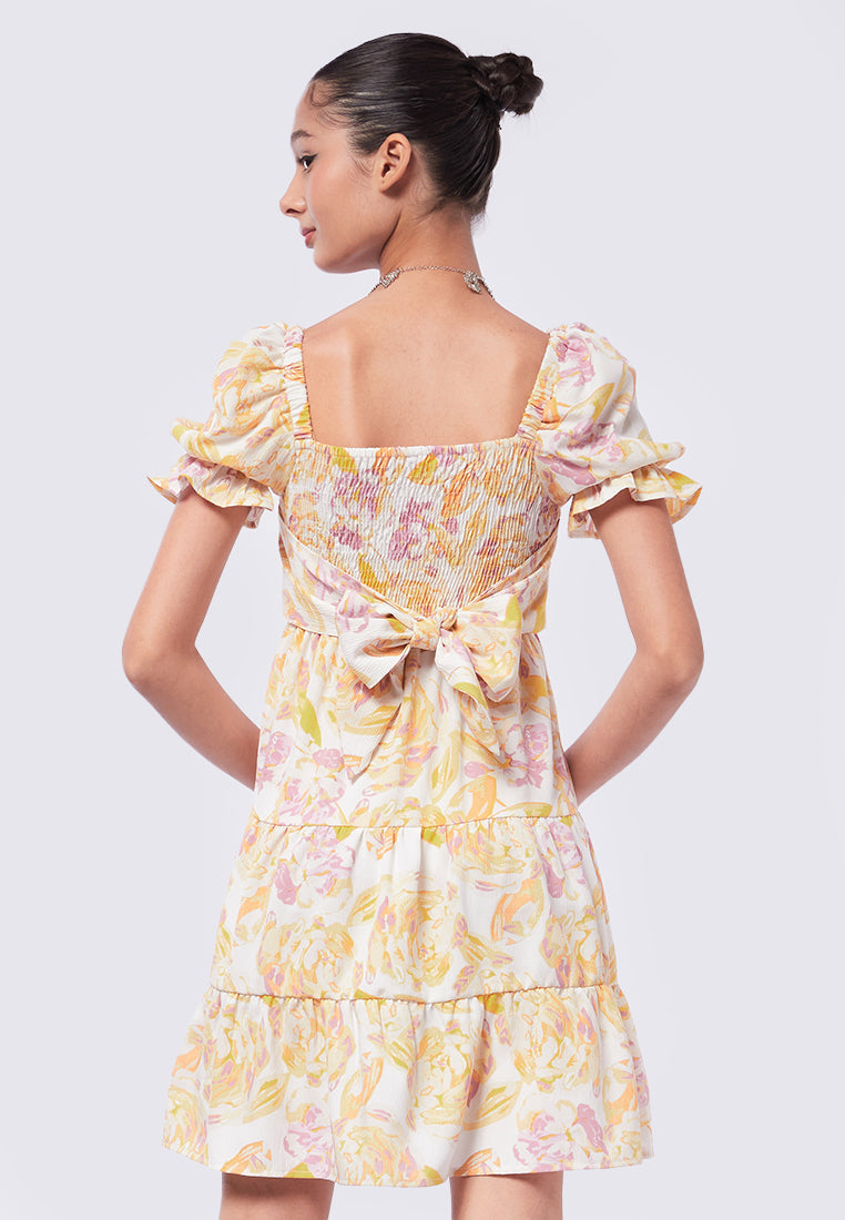 Puff Sleeves Printed Mini Dress