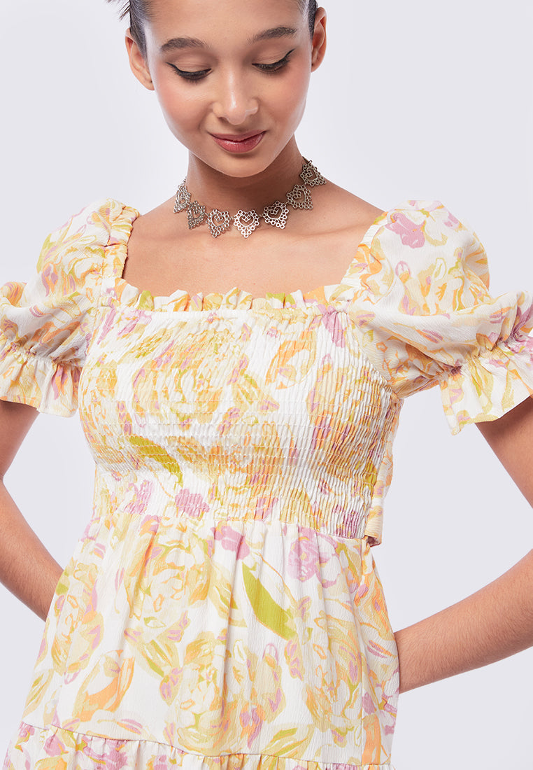Puff Sleeves Printed Mini Dress