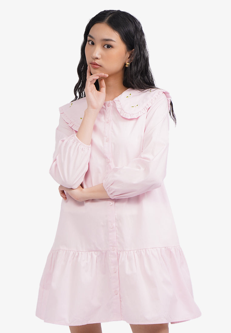 Wide Collar Long Sleeve Mini Dress L.Pink