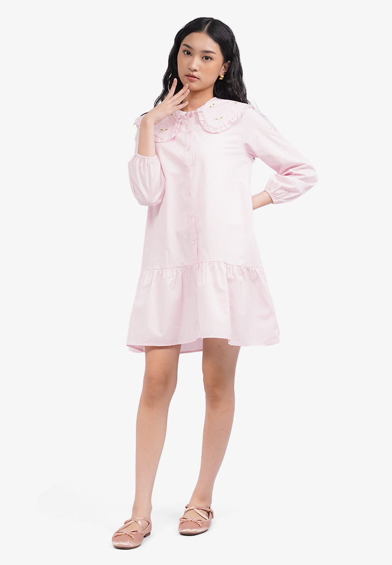 Wide Collar Long Sleeve Mini Dress L.Pink
