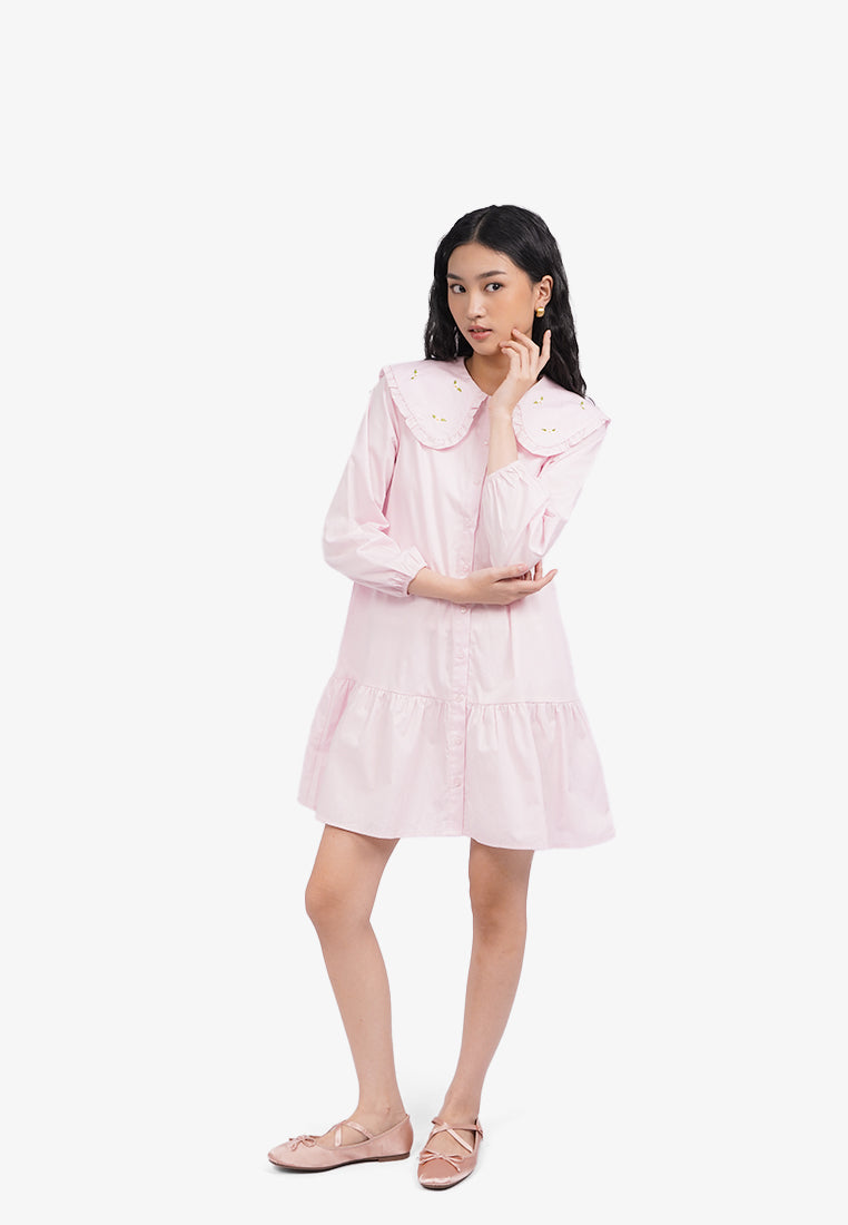 Wide Collar Long Sleeve Mini Dress L.Pink