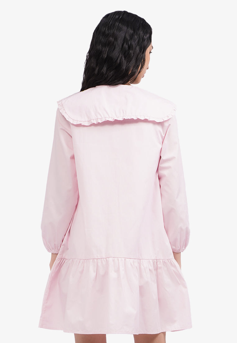 Wide Collar Long Sleeve Mini Dress L.Pink