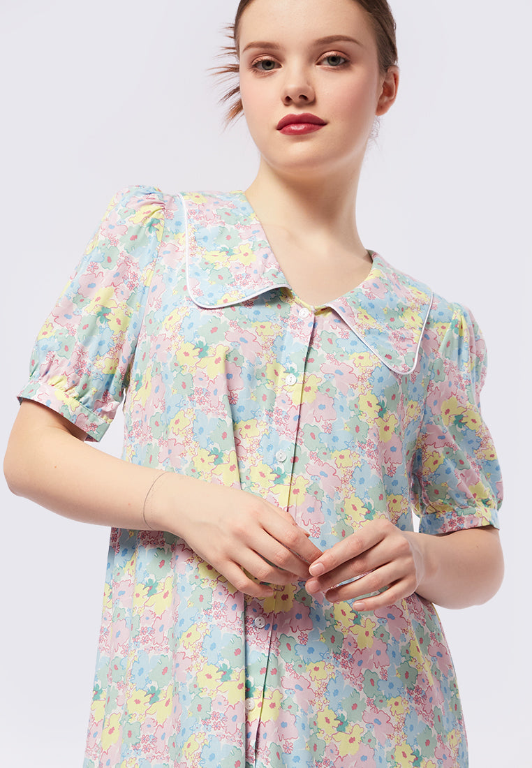 Printed Piped-Trim Mini Lounge Dress