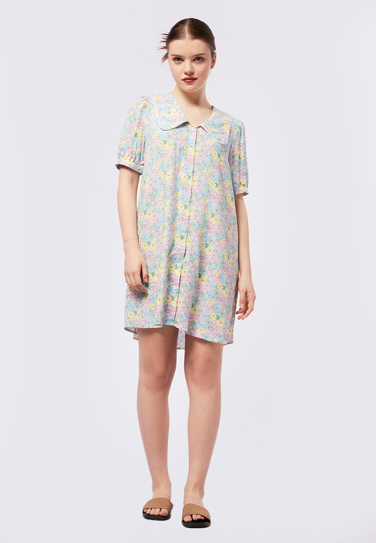 Printed Piped-Trim Mini Lounge Dress
