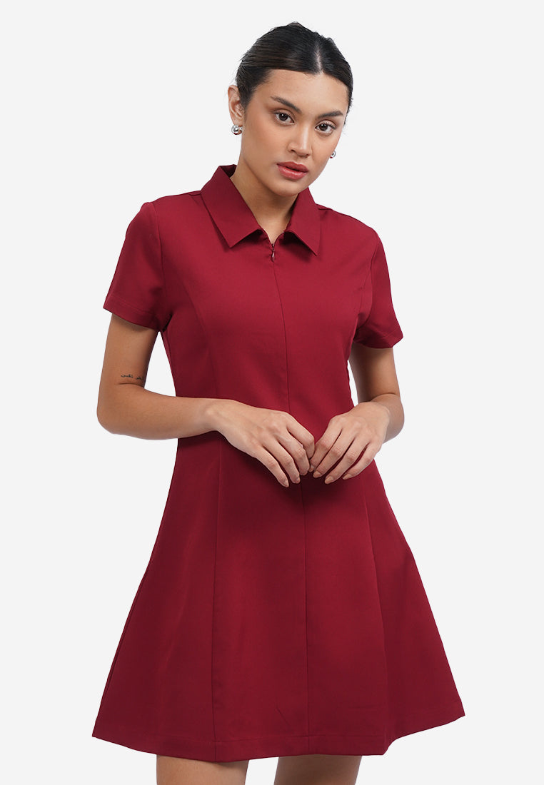 Short Sleeve Collared Mini Dress Dark Red