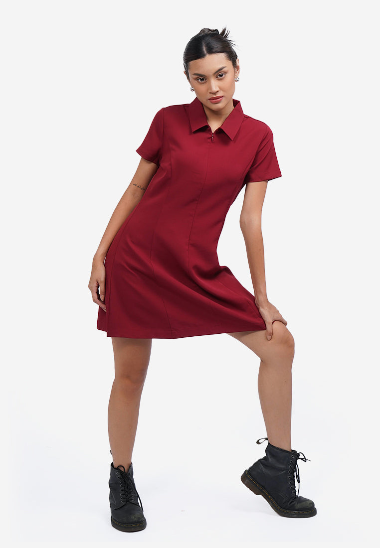 Short Sleeve Collared Mini Dress Dark Red