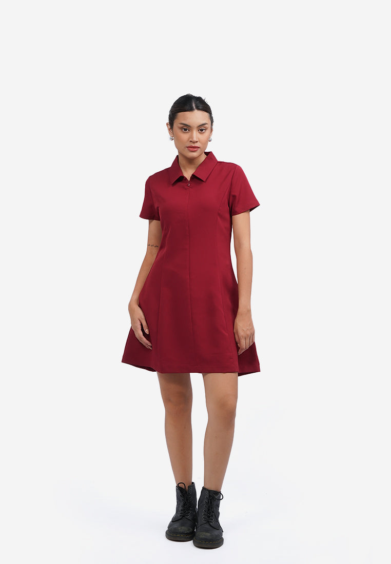 Short Sleeve Collared Mini Dress Dark Red