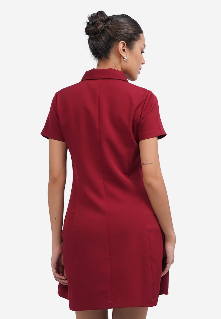 Short Sleeve Collared Mini Dress Dark Red