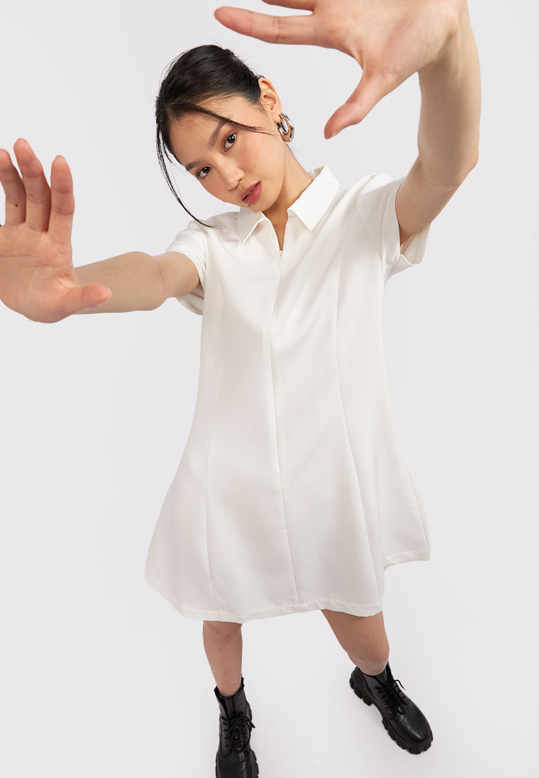 Short Sleeve Collared Mini Dress Off White