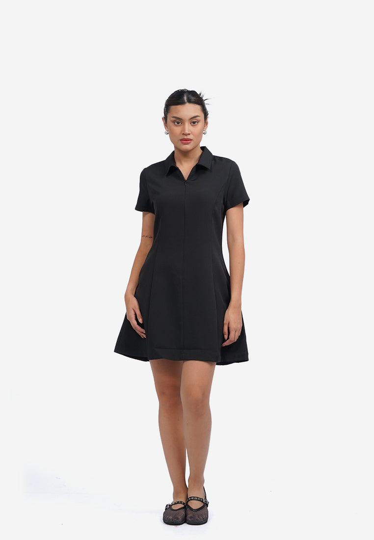 Short Sleeve Collared Mini Dress Black