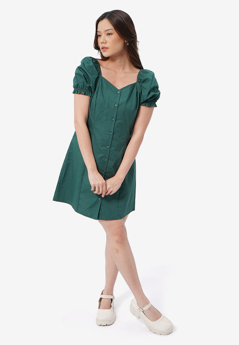 Heart Neck Puff Sleeve Mini Dress