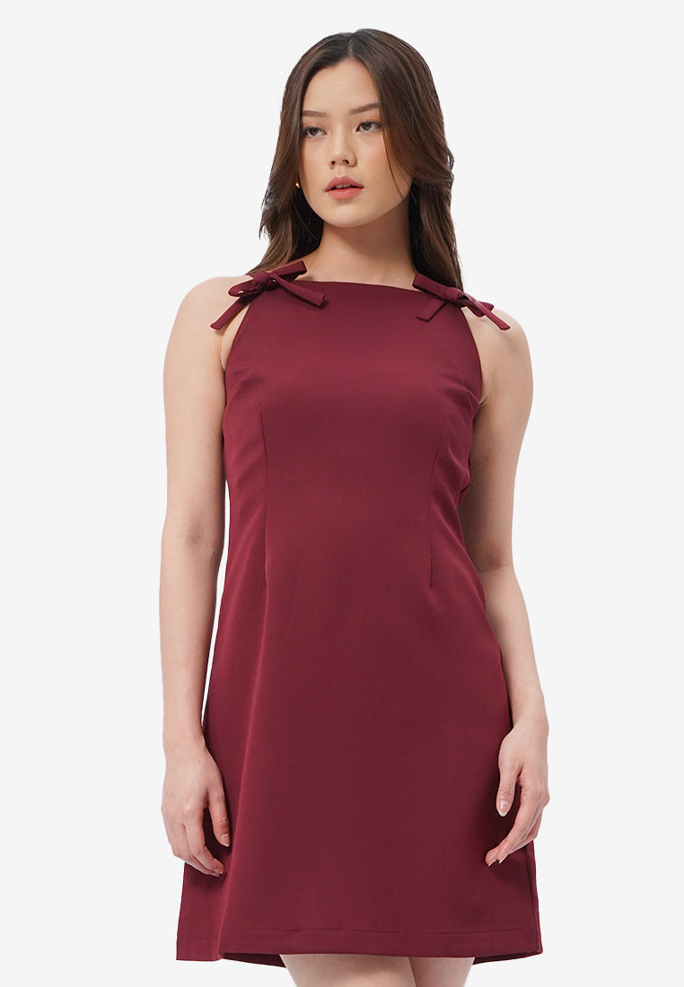 Ribbon Halter Mini Dress Dark Red