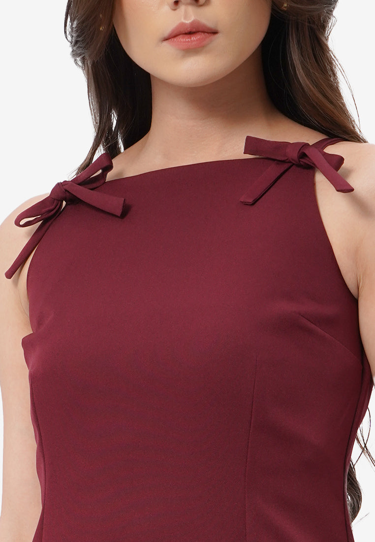 Ribbon Halter Mini Dress Dark Red