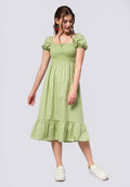 Short Sleeve Smocked Midi Dress Sage