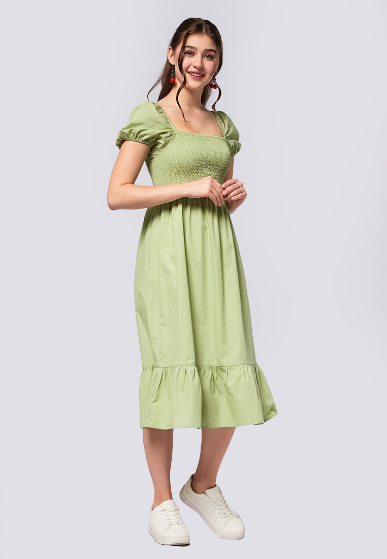Short Sleeve Smocked Midi Dress Sage