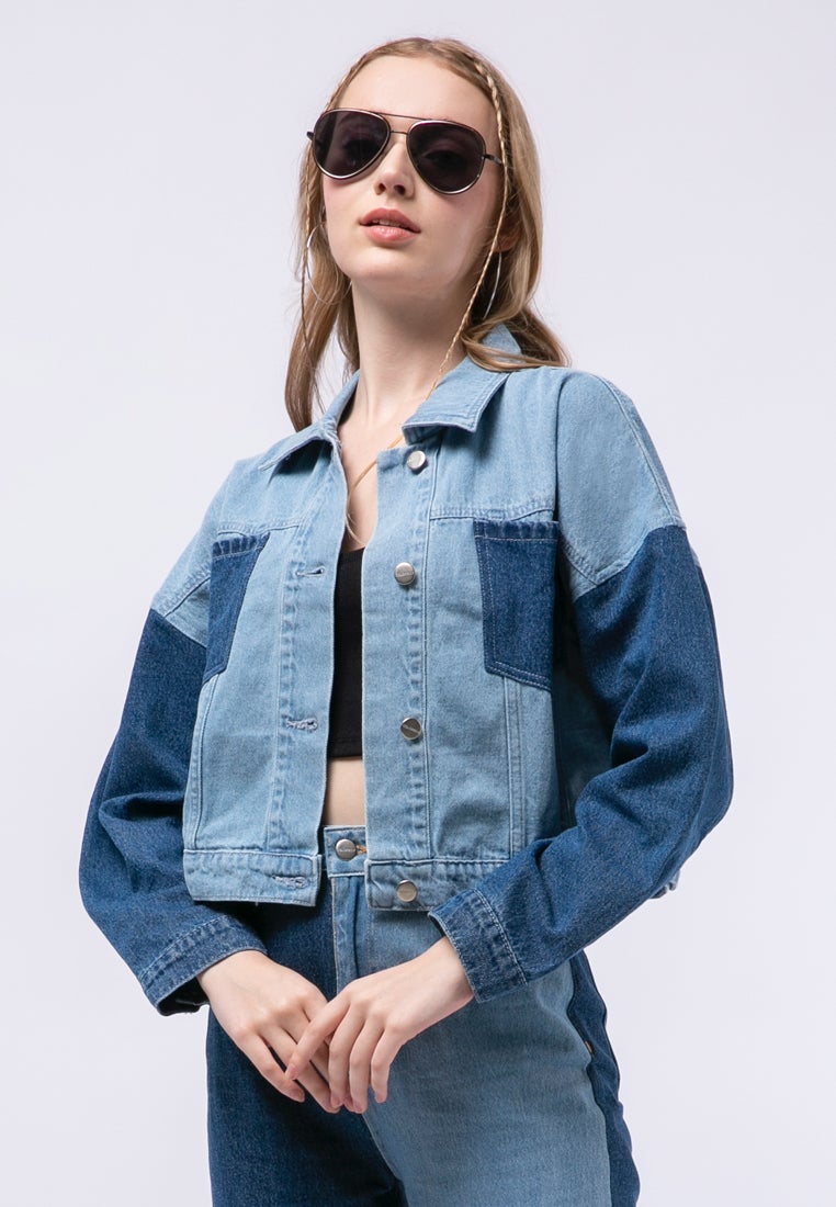 Colorblock Crop Denim Jacket