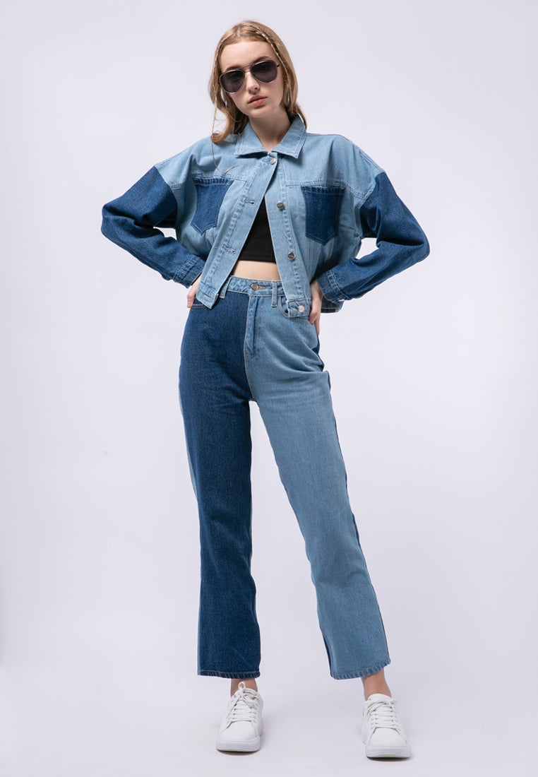 Colorblock Crop Denim Jacket